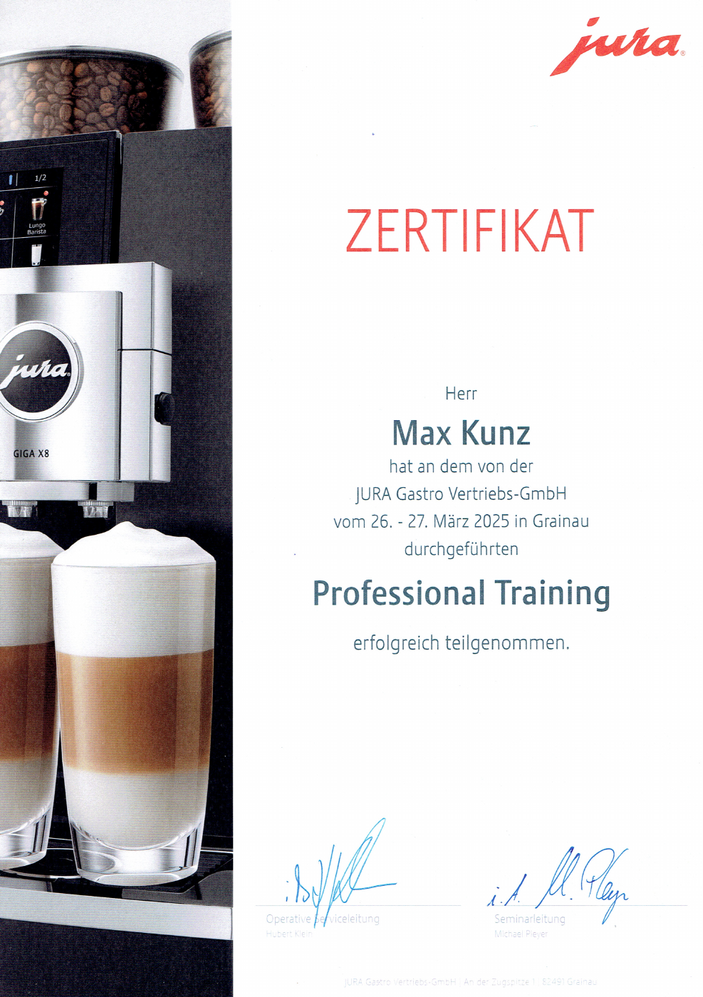 Zertifikat JURA Gastro Professional Training für Max Kunz, März 2025