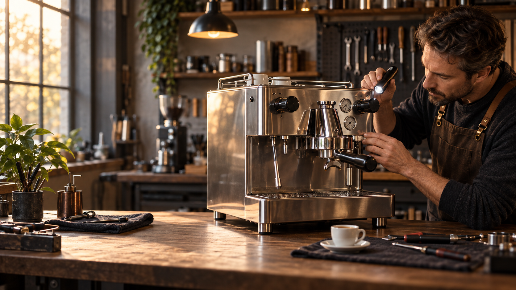 Techniker dokumentiert den äußeren Zustand einer Espressomaschine bei der Aufnahme