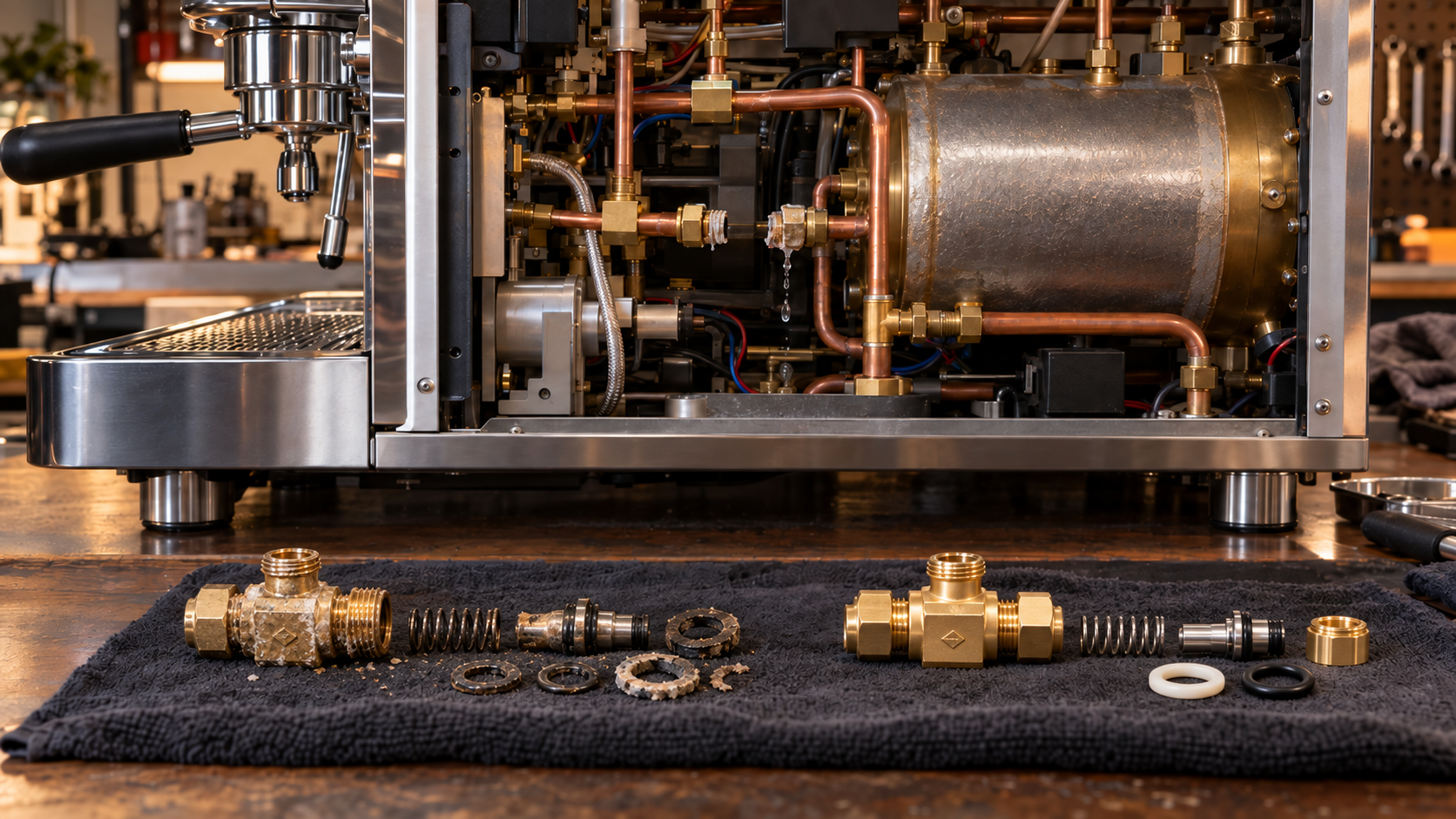 Illustration zur Fehlerdiagnose: geöffnete Espressomaschine mit tropfendem Ventilanschluss und ausgebauten Bauteilen