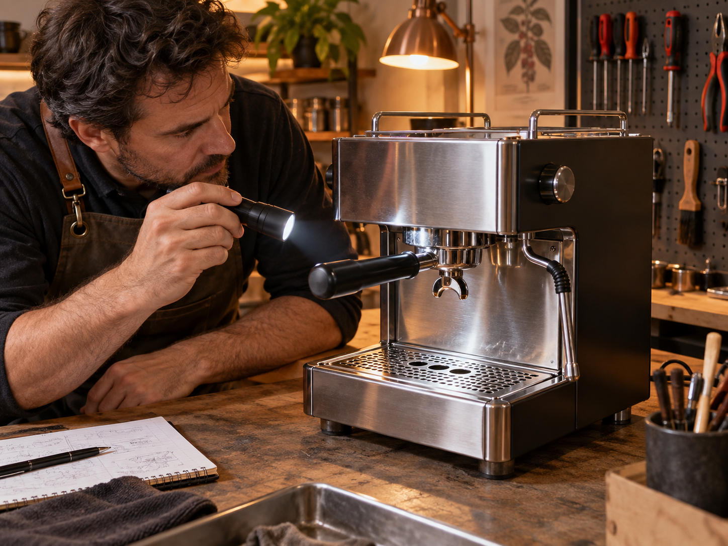 Techniker prüft die vollständige Espressomaschine von außen