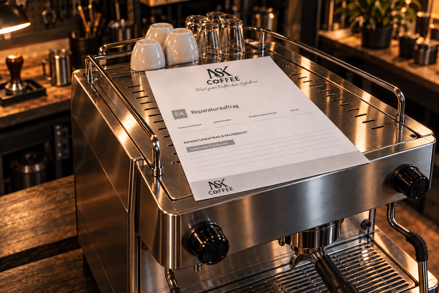 Muster eines MSK Reparaturauftrags liegt flach auf einer fertig gewarteten Espressomaschine in der Werkstatt